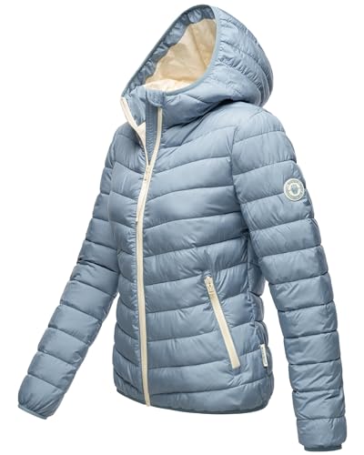 MARIKOO Damen leichte Übergangsjacke Kurze Steppjacke mit innen eingenähter Tragetasche zum einfachen Verstauen und praktischem Umhängen der Jacke Pack Mich EIN Powder Blue Gr. XL