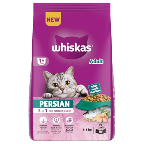 Image of Whiskas Persian Adult (1+ Years) Dry Cat Food, 1.1kg, 100% Complete & Balanced Tailor Made Nutrition, Reduces Hairfall, for Healthy Coat & Skin (Pack of 1)