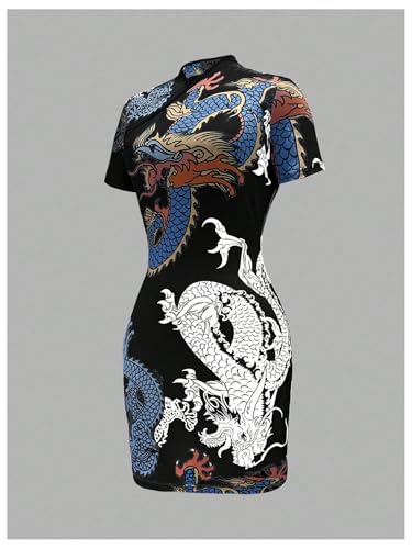 Image of Floerns Women's Cheongsam Chinese Traditional Dragon Print Qipao Bodycon Mini Dress