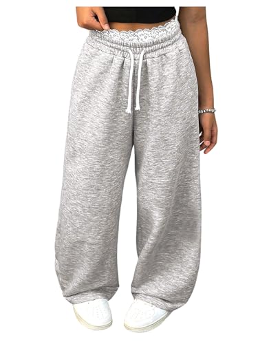 Floerns Girl's Drawstring Waist Straight Leg Sweat Pants Lace Trim Athletic Sweatpants