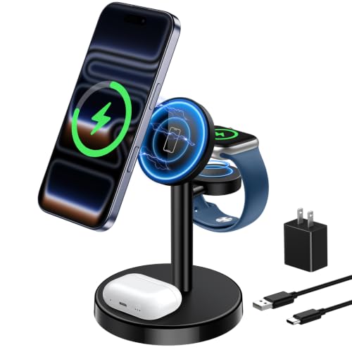 Aeinidi 3-in-1 wireless charging stand in black holding an iPhone, watch and earbuds — shows the single-footprint layout for a nightstand