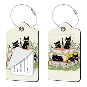 2 Pcs Luggage Tag for Suitcases, Black Cat Book Cute PU Leather Suitcase Tag Privacy Cover ID Label with Metal Loop, Personalized Baggage Identifier for Women Cruise Bag Travel Essentials
