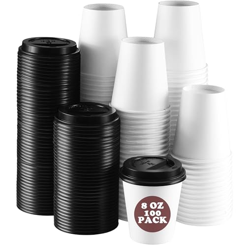 SLFxotro 8 oz Coffee Cups with Lid 100 Pack Disposable Paper Cups 8 oz White Paper Hot Coffee Cups Suitable for Party Picnic Travel and Events