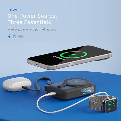Image of URBN 10000mAh Flux Qi2 MagSafe Power Bank with Ai Powered Smart TFT Display | 15W Magnetic Fast Wireless Charging | 20W USB-C in-Built Cable for Charge & Recharge | Travel Friendly (Black)