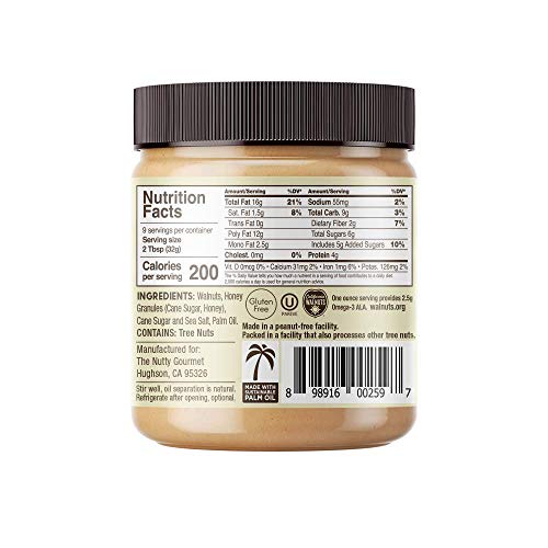 Nutty Gourmet Honey Walnut Butter - Sweet Nut Butter - Honey Flavored - All Natural - Peanut Free - Vegan - California Grown Walnuts - Keto Snack - Gluten Free (10Oz, 1 Pack) #TOP1