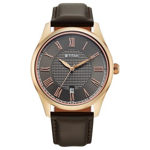 Image of Titan Neo Roman Analog with Anthracite Dial Brown Leather Strap Watch for Men - 10063WL01