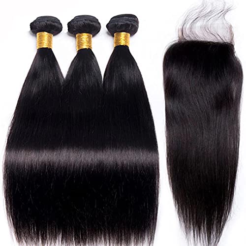 10A Brazilian Straight Human Hair Bundles with Closure (16 18 20+16,Natural Black) Brazilian Straight Virgin Hair with 4x4 Lace Closure 100% Unprocessed Human Hair Weave with Closure