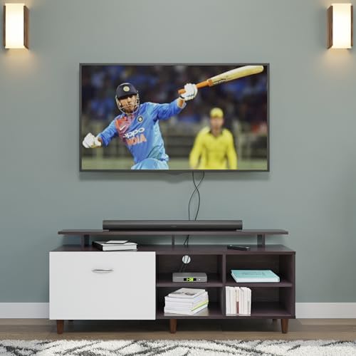 Image of VIKI Modern TV Unit for Living Room | Engineered Wood TV Cabinet with 1 Door Storage, 2 Open Shelves & Extension, Entertainment Unit, 140W x 48H x 40D cm | DIY | 1 Year Warranty (Wenge & White)
