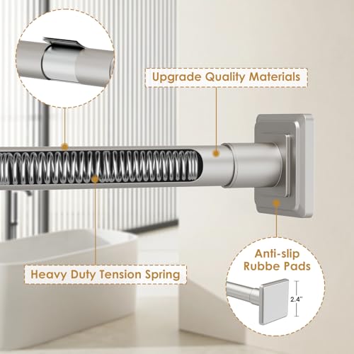 Image of Brushed Nickel Tension Curtain Rod Adjustable Shower Curtain Rods 30-76 In Spring No Drilling or Screw Installation Shower Rod for Bathroom Shower Bar for Closet Kitchen with Brackets