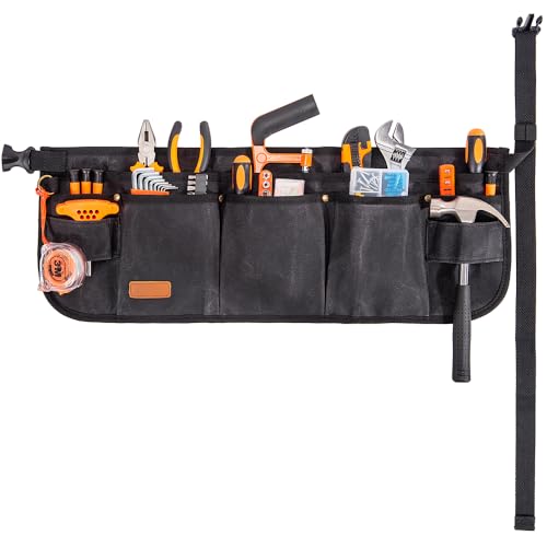 Tool Waist Apron, Heavy Duty Waxed Canvas Tool Belt, Waist Tool Belt with 10 Pockets and 2 Hammer Loops, Adjustable Length (Black-Waxed)