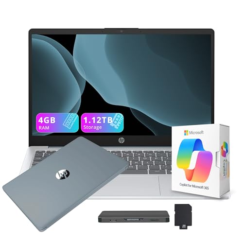 Image of HP 14 inch HD Business & Student Laptop, with Office 365 & Copilot AI, AMD Athlon 7120, 4GB RAM, 1.12TB Storage (128GB UFS + 1TB Docking Station Set), Radeon Graphics, Wi-Fi 6, Windows 11, Moonlight Blue