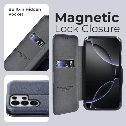 Image of PULOKA Premium Vegan Leather Phone Cover with Card Slot - Compatible with Samsung Galaxy S25 Ultra - Sleek Flip Case, Slim, Durable, Privacy Protection, Kickstand Function (Blue)