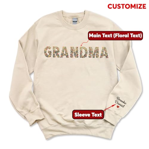 GODMERCH Custom Floral Embroidered Sweatshirt, Personalized Name on Sleeve, Gift for Grandma, Mom, Nana, Mimi, Christmas2