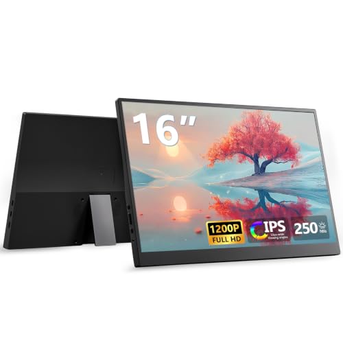Image of 16 Inch Portable Laptop Monitor FHD 1200P IPS 60hz, USB-C&HDMI External Secondary Screen with Integrated Kickstand, Laptop Compatible, Perfect for Multi-Screen Office Work
