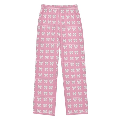 Pajama Pants Sleep Pants Soft Elastic Waist Pajama Lounge Pants White Bows Pink Background for 6-14 Years Old