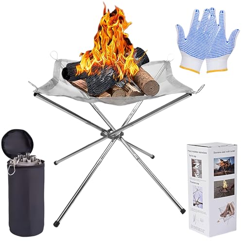Portable Fire Pit for Camping Foldable Stainless Steel Mesh Fire Pit with Carrier Bag and Heat Resistant Gloves Camper Van Accessories Perfect for For Outdoor Camping BBQ Patio and Garden