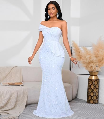 Image of Cololura Women Sexy Sequin One Shoulder Mermaid Formal Party Cocktail Gowns Bodycon Evening Maxi Dress