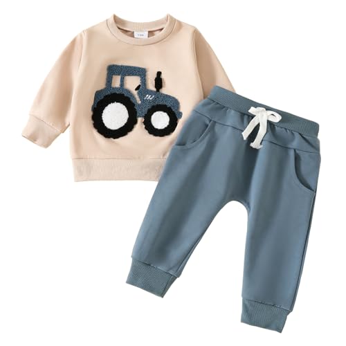 Eqenkely Conjuntos Ropa para Bebé Niño Pequeño Sudadera Tops con Estampado Coche y Cintura Elástica Pantalones 2 Piezas Trajes de Otoño Invierno Azul 6-12 Meses