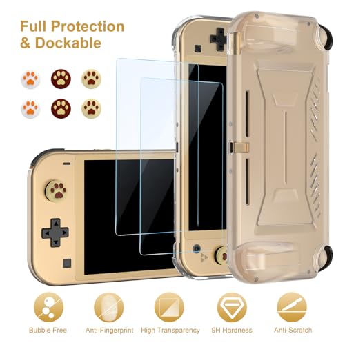 Image of innoAura Switch Lite Case 18-in-1 Accessories Bundle for NS Switch Lite (2019), with Protective Carrying Case, Game Holder, Screen Protector & Cute Thumb Grips, Golden