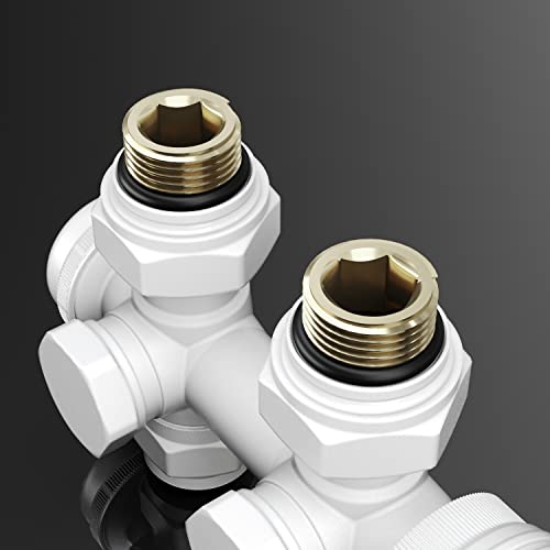 SONNI Multiblock Set für Heizkörper Anschlussarmatur inkl. Thermotstat Hahnblock Ventil Heizungszubehör Eck- und Durchgangsform weiß