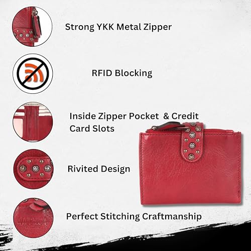 4.75 Inch Genuine Italian Leather Boho Studded Bifold Wallet – Zipper Coin Purse & Credit Card Holder for Women (Red)2