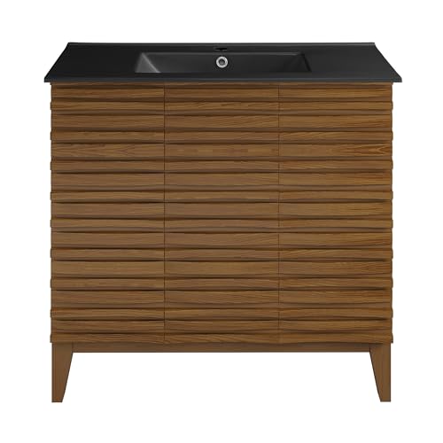 Image of Swiss Madison Cascade 36 in. Brown Oak Bathroom Vanity with Black Ceramic Sink Top