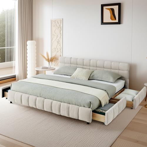 DNYN California King Size Grounded Bed with 4 Storage Drawers and Solid Wood Frame for Bedroom Low-Profile Upholstered Chenille Bed with Headboard Space-Saving & No Box Spring Needed