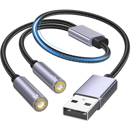 Scheda audio stereo USB: questa scheda audio USB esterna presenta un design a Y con jack separati per microfono e cuffie.Ciò offre flessibilità ed evita l'ingombro dei cavi.Le interferenze esterne vengono efficacemente ridotte,garantendo un segnale più stabile.Goditi un suono cristallino e un'esperienza audio senza pari.