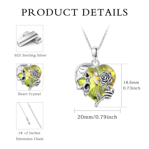 Image of S925 Sterling Silver Skull Pendant Necklace Heart Crystal Birthstone Skull Necklace Gothic Jewlery Gifts