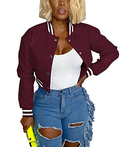Image of Mintsnow Womens Varsity Jacket Long Sleeve Button Down Bomber Jackets Casual Baseball Uniform Streetwear