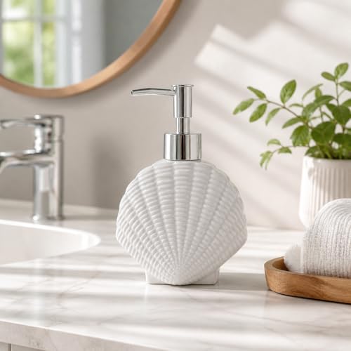 Image of Whizzo Ceramic Shell Shaped Liquid Soap Dispenser with Chrome Pump | Elegant Bathroom & Kitchen Accessory | White Glossy Finish | Refillable Handwash Lotion Bottle (420ML, LD-212, Design2)