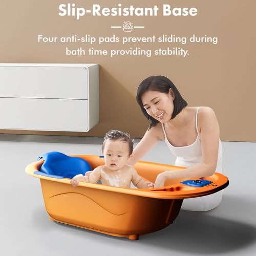 Image of StarAndDaisy Baby Bath tub for 0 to 5 Years with Temperature Sensor /Bath Tub for Kids with Anti-Slip Legs /Bathtub for Baby with Baby Bather -Without Wheel(Orange-Blue)