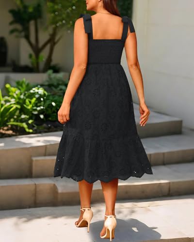 Image of Pinup Fashion Plus Size Summer Sun Smocked Eyelet Tie Straps Midi Dress | Adjustable tie straps, square neck, high waist, flowy tiered A-line, perfect for casual beach, holiday vacation, photoshoot