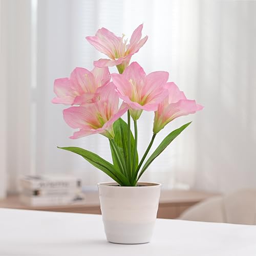 Image of Artificial Pink Lily Flower Lamp, LED Light for Bedroom Bar Coffee Shop Wedding Decor, Gifts for Women Mom Daughter Grandma Girlfriend Coworker Friend Birthday Christmas Valentines Mothers Day