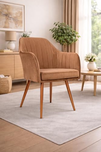 Image of Plush Dining Chair | Accent Chair for Living Room Bedroom Restuarant | Velvet Fabric & Thick Cushion Seat with Sturdy Glossy Metal Legs (Bronze Legs, Light Brown)