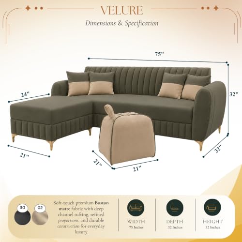 Image of CASASTYLE Signature Velour 4-Seater L-Shape Sofa Set with Movable Ottoman & Suri Pouf | Flexible LHS /RHS Layout | Boston Fabric | 40D Foam + Zigzag Spring | 3-Yr Warranty (Olive Green,Sand Beige)