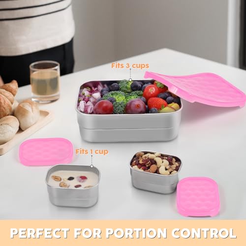 Image of Tanjiae Stainless Steel Lunch Snack Containers Set | Leak Proof 304 Stainless Steel Food Containers with Silicone Lids - Perfect Metal Lunch Box for School and Daycare (Pink Lunch, Medium)
