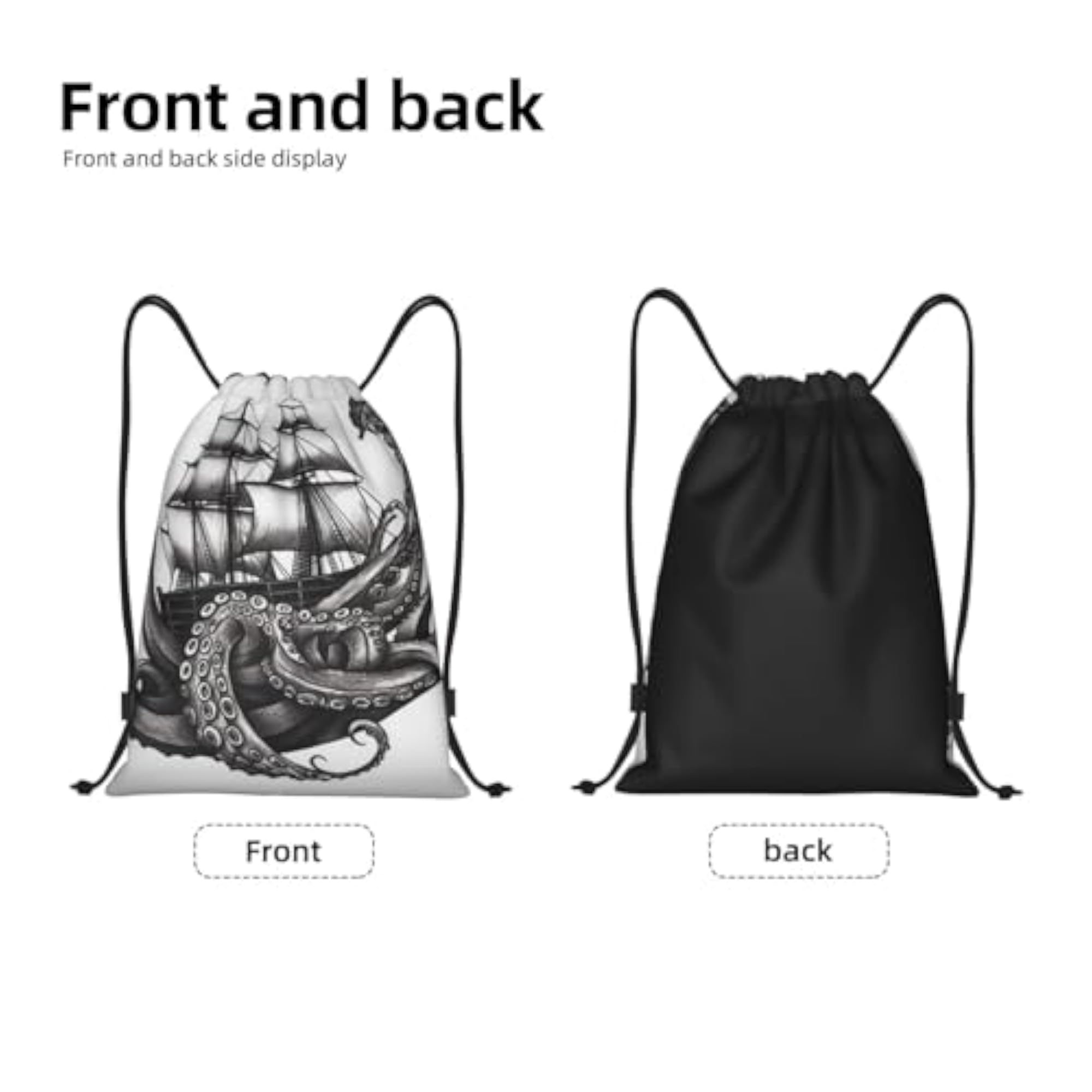 Black and White Octopus and Ship Waterproof Drawstring Backpack, Lightweight