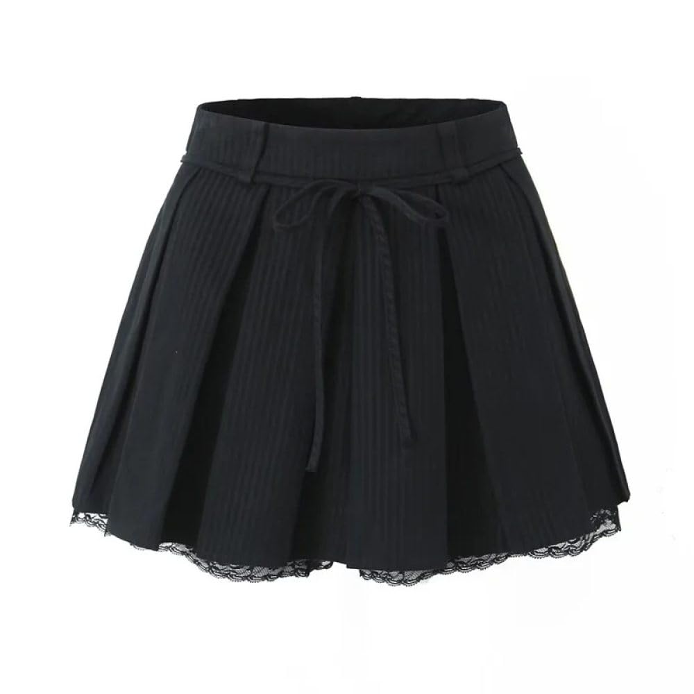 SWEPER Falda Corta De Mujer - Falda A Rayas con Decoración De Encaje, Accesorios Elegantes para Cinturón, Minifalda Acampanada De Cintura Alta con Cremallera