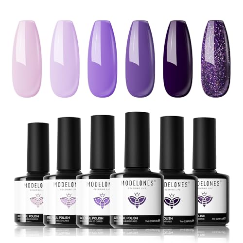 modelones Gel Nail Polish Set - Purple 6 Colors Gel Polish Set Purple Glitter Nail Polish Soak Off LED Nail Art Manicure Holiday Grape Nail Kit Gifts for Women DIY Home Salon