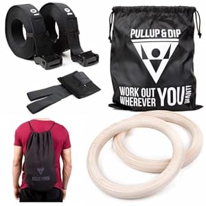 PULLUP & DIP Premium Gymnastic Rings, Wooden Gym Rings for Calisthenics – Wide Straps with Length Markings + Door Anchor…