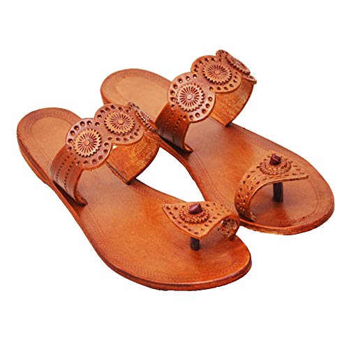 Oriana Women's Kolhapuri Chappals Ethnic Leather Heels Kolhapuris For Women, Tan Buy Online at