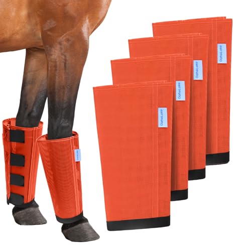 Image of Mesh Horse Fly Boots Set of 4, Loose Fitting Leggings for Horses, Reduce Stressful Stomping, Breathable Adjustable and Universal Fit for 4 Legs, Reliable Stay Put (Orange)