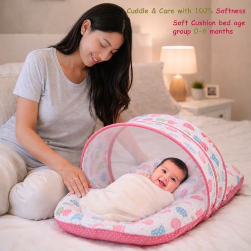 Image of Infantbond Baby Mattress with net | Baby Carry Bag | 4 Pcs Bedding Set | Peach Sprial (0-6 Months)(Full Set)