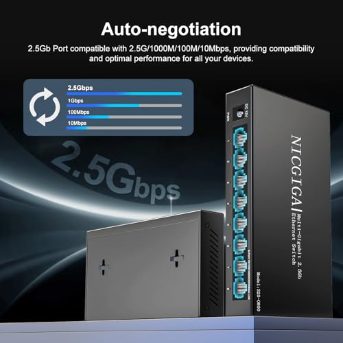 Image of 8 Port 2.5Gb Unmanaged Ethernet Switch with 8* 2.5Gbps Base-T Ports. NICGIGA 8 Port 2.5G Network Switch for 2.5Gbps NAS /PC, WiFi6 Router, Wireless AP. Fanless Design.