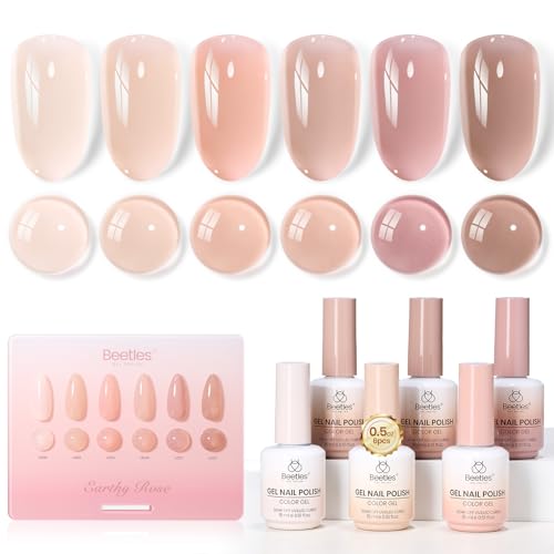 Image of Beetles Nude Gel Nail Polish Set - Earthy Rose 6 Colors 15ML Full Size Nude Pink Brown Neutral Jelly Gel Polish Kit Sheer Translucent Effect Soak Off UV Nail Art Design Manicure Gift for Women
