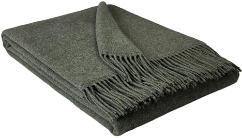 STTS International Kaschmir Decke Wolldecke Wohndecke 100% Merinowolle - Kaschmir - Mix 140 x 200 cm sehr weiches Plaid Kuscheldecke Faro U Olive