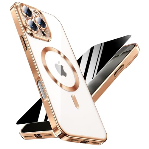 Image of Magnetic for iPhone 16 Pro Max Case with Privacy Screen Protector & Full Camera Cover,[Non-Yellowing] Plating Glossy Soft Shockproof Clear Phone Case with MagSafe Women Girls for 16 ProMax,Gold