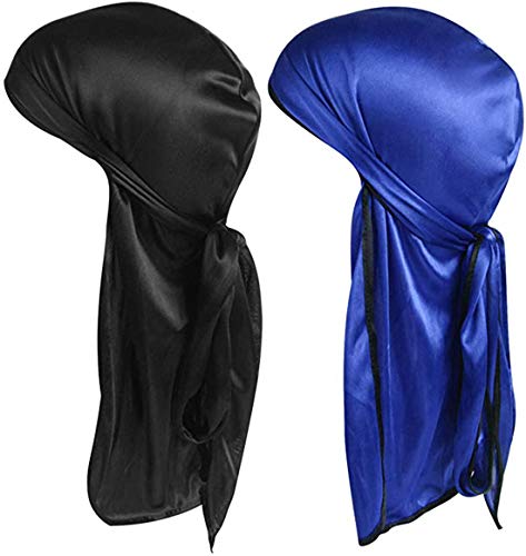 ELECDON Silky Durag Men Soft Silk Durags 360 Waves Headwraps Unisex Cap Bandana Turban Hat with Long Tails and Wide Straps for Kids Women 2 Pcs (Black, Royal blue)
