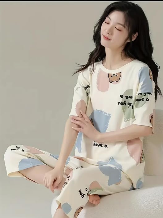 Image of Lunza Women's Cotton Pajama Set with Top & Pants|| Korean Night Suit|| Lightweight Printed Set || Soft & Comfy Sleepwear for Girls & Women